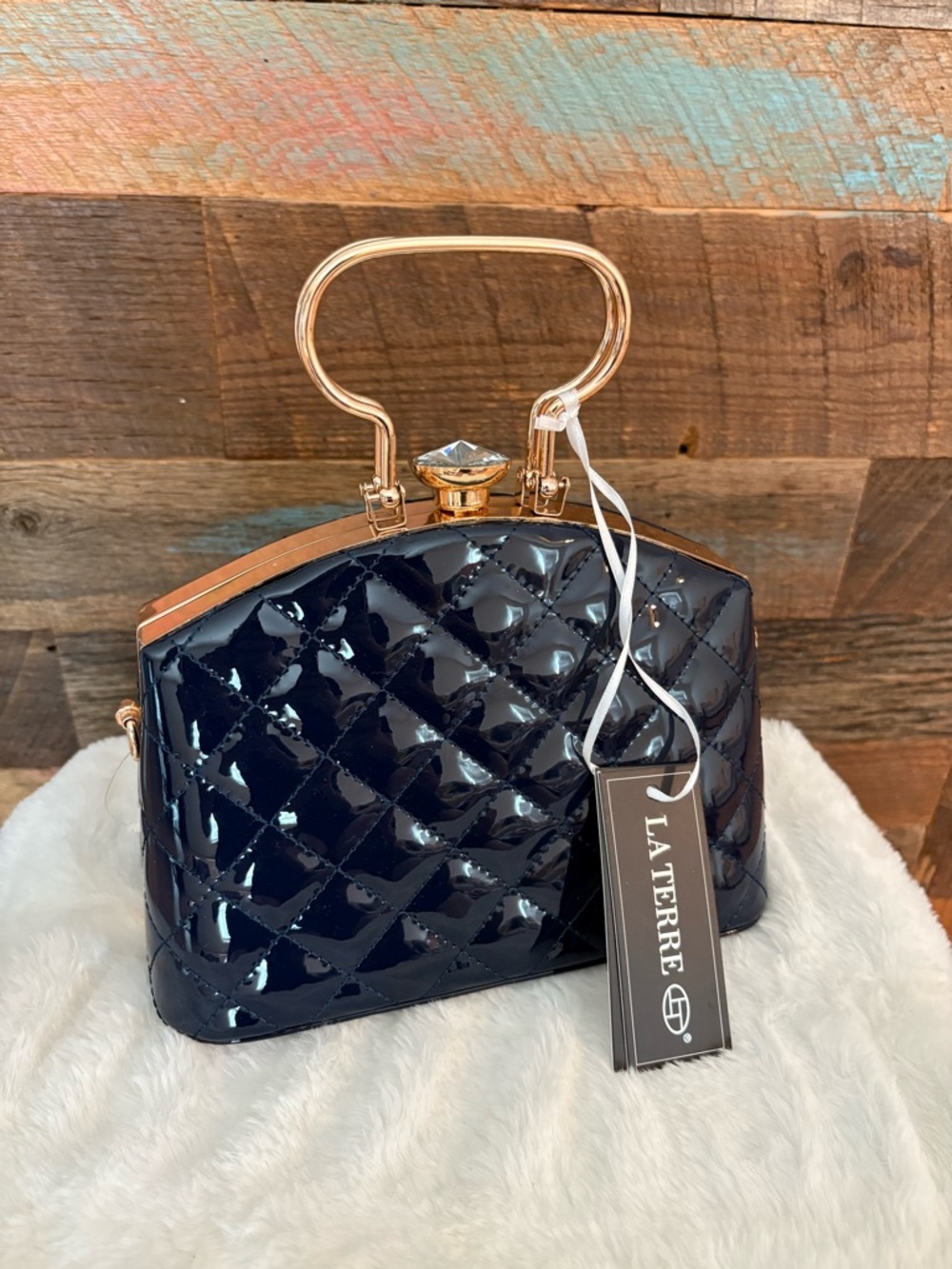 Blue Patent Quilted Top-Handle Crossbody Bag with Gold Hardware